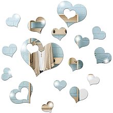 Acrylic Mirror Wall Stickers, with Adhesive Back, for Home Living Room Bedroom Decoration, Heart, Silver, 29~100x35.5~120x0.5mm; 16pcs/set