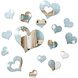 Acrylic Mirror Wall Stickers, with Adhesive Back, for Home Living Room Bedroom Decoration, Heart, Silver, 29~100x35.5~120x0.5mm; 16pcs/set