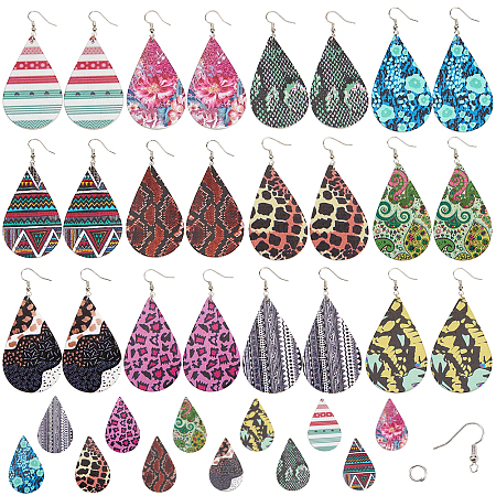 SUNNYCLUE DIY Earring Making, with Printed Wooden teardrop, Big Pendants, Brass Earring Hooks and Iron Close but Unsoldered Jump Rings, Mixed Color, 59x36x2.5mm, Hole: 1.5mm
