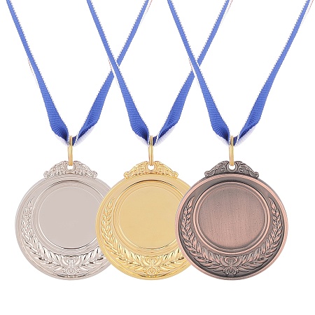 Sports Medal Zinc Alloy Pendant Cabochon Settings, with Neck Polyester Ribbon, Flat Round, Mixed Color, 31.4 inches(80cm), 3 colors, 4pcs/color, 12pcs/set