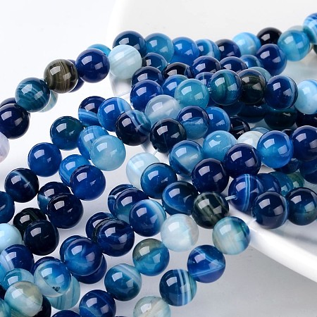 Arricraft Natural Striped Agate/Banded Agate Beads, Round, Grade A, Dyed, Blue, Size: about 8mm in diameter, hole: 1mm, 43pcs/strand, 15.5 inches