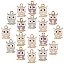 SUNNYCLUE Alloy Enamel Pendants, with Rhinestone, Light Gold, Owl, Mixed Color, 17x11.5x3.5mm, Hole: 2.5mm, 4 colors, 6pcs/color, 24pcs/box