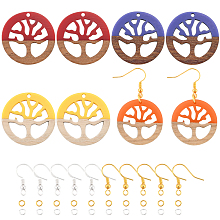 OLYCRAFT DIY Dangle Earring Making Kits, include Resin & Wood Pendants, Brass Earring Hooks & Jump Rings, Flat Round with Tree, Mixed Color, Pendants: 28x2.5~4.5mm, Hole: 1.8mm, 4 colors, 2pcs/color, 8pcs/box