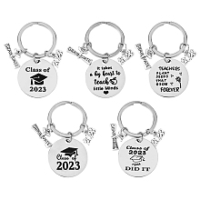 SUPERFINDINGS 5Pcs 5 Style Class of 2023 Graduation Gifts Stainless Steel Keychain, 2023 Year Charm Signet Pendant Keychain, Graduation Theme Pattern, 6.1cm, 1pc/style