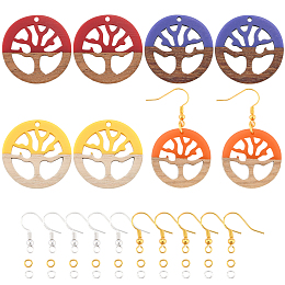 OLYCRAFT DIY Dangle Earring Making Kits, include Resin & Wood Pendants, Brass Earring Hooks & Jump Rings, Flat Round with Tree, Mixed Color, Pendants: 28x2.5~4.5mm, Hole: 1.8mm, 4 colors, 2pcs/color, 8pcs/box