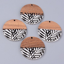 Honeyhandy Resin & Walnut Wood Pendants, Two Tone, Flat Round with Leaf, Black, 35x2~3mm, Hole: 2mm