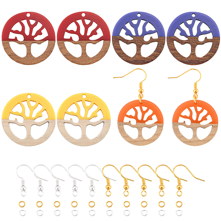 OLYCRAFT DIY Dangle Earring Making Kits, include Resin & Wood Pendants, Brass Earring Hooks & Jump Rings, Flat Round with Tree, Mixed Color, Pendants: 28x2.5~4.5mm, Hole: 1.8mm, 4 colors, 2pcs/color, 8pcs/box