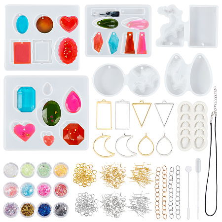 Olycraft DIY Jewelry Kit, with Pendant Silicone Molds, Brass Earring Hooks, Waxed Cotton Cord Necklace, Alloy Open Back Bezel Pendants, Sequins, Iron Chain Extender, Clear, 72x35x10mm