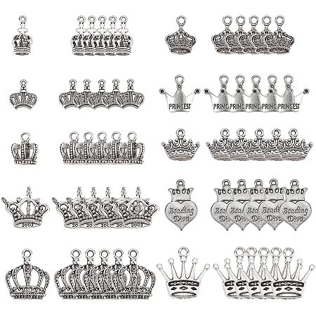 SUNNYCLUE Tibetan Style Alloy Pendants, Crown, Antique Silver, 60pcs/box