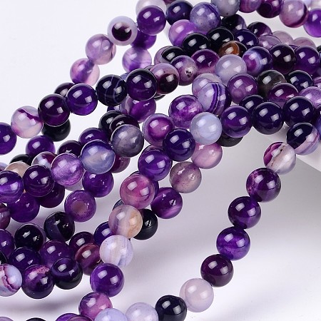 Arricraft Natural Striped Agate/Banded Agate Beads, Dyed, Round, Purple, Size: about 6mm in diameter, hole: 1mm, 63pcs/strand, 15.5 inches