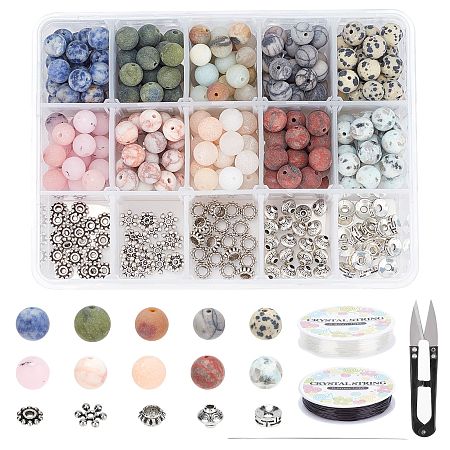 SUNNYCLUE DIY Stretch Bracelets Making Kits, include Frosted Natural Gemstone Round Beads, Alloy Spacer Beads, Iron Beading Needles, Elastic Crystal Thread and Steel Scissors, Gemstone Beads: 8~8.5mm, Hole: 1mm, 250pcs/set