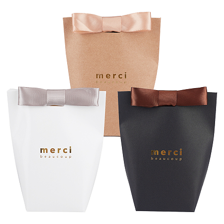 Paper Bags, Gift Bags, Wedding Bags with Word  Merci, Rectangle with Polyester Ribbon, Mixed Color, Bags: 16.5x13.5x6cm