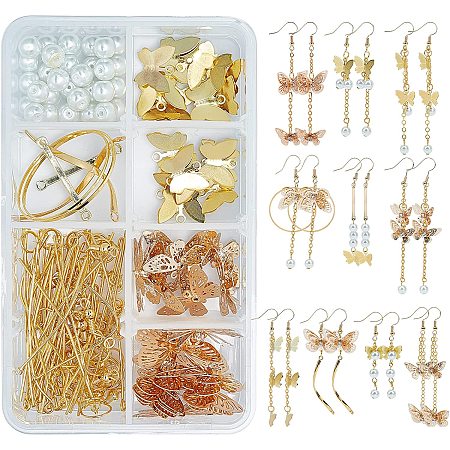 SUNNYCLUE DIY Butterfly Themed Earring Making Kits, include Brass Filigree Pendants & Earring Hooks, 304 Stainless Steel Pendants, Alloy Bar Links, Glass Pearl, Iron Jump Rings & Pin, Misty Rose