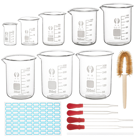 Olycraft Glass Beaker Measuring Cups, with Graduated Measurements, for Lab, with Glass Dropper, Glass Stirring Rod, Waterproof Sticker Labels and Pig Hair Beaker Brush, Clear, 200x150x100mm