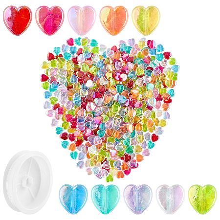 SUNNYCLUE Environmental Transparent Acrylic Beads, Heart, Dyed, AB Color, with Clear Elastic Crystal Thread, Mixed Color, 8x8x3mm, Hole: 1.5mm, 450pcs/set