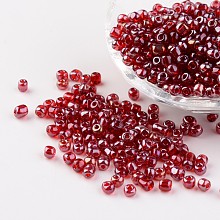 Honeyhandy Round Glass Seed Beads, Trans. Colours Lustered, Crimson, Size: about 4mm in diameter, hole: 1.5mm, about 496pcs/50g