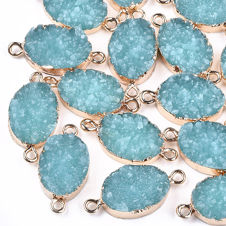 Honeyhandy Electroplate Druzy Resin Links connectors, with Iron Findings, Oval, Light Gold, Medium Turquoise, 26~27x13x5~6mm, Hole: 1mm