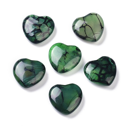 Arricraft Natural Agate Beads, Dyed, No Hole, for Wire Wrapped Pendant Making, Heart, Dragon Veins Pattern, Dark Green, 18~19.5x19~20x6~7mm
