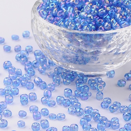 ORNALAND 6/0 Round Glass Seed Beads, Transparent Colours Rainbow, Round, Cornflower Blue, 4mm, hole: 1.5mm, about 1600pcs/bag