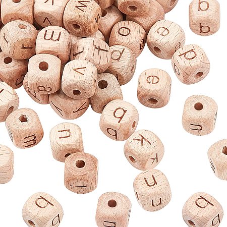 OLYCRAFT 208pcs 12mm Alphabet Wooden Beads Natural Wood Color Square Letters Wooden Beads Wooden Loose Beads with Initial Letter for DIY Crafts - Lowercase