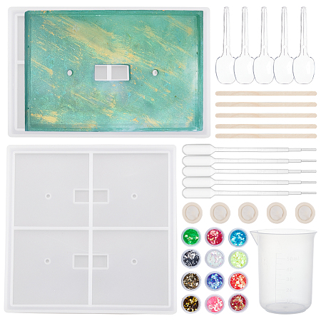 Olycraft DIY Light Switch Cover Silicone Molds Kits, Include Wooden Craft Sticks, Plastic Transfer Pipettes, Latex Finger Cots, Plastic Spoons, Plastic Measuring Cup, White, 127x82x7mm, Hole: 4mm, Inner Diameter: 10x24.5mm; 117x117x7mm, Hole: 4mm, Inner Diameter: 10x24.5mm, 1set