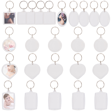 SUNNYCLUE Acrylic Keychain, with Platinum Tone Iron Split Key Rings, Mixed Shapes, Clear, 25sets/bag