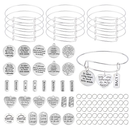 SUNNYCLUE DIY Word Theme Bangle Making Kits, with Alloy Pendants, Adjustable Brass Bangle Makings, Antique Silver, 2-3/4 inches(70mm), 2mm, 12pcs/set