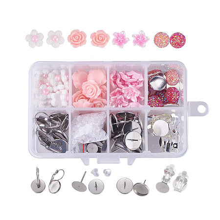 DIY Jewelry Making, with Resin Cabochons and Stainless Steel Earring Findings, Flower and Flat Round, Pink, 7.2x11x3cm; about 254pcs/box