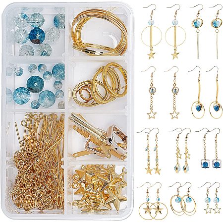 SUNNYCLUE DIY Starry Sky Themed Earring Making Kits, include Quartz & Brass Beads, Brass & Alloy Bead Frames, Alloy Pendants & Linking Rings, Brass Earring Hooks & Cable Chains, Golden, 18x1mm, 6pcs/box