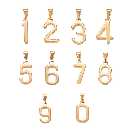 UNICRAFTALE 304 Stainless Steel Pendants, Number 0~9, Golden, 20.5~21x5~12.5x1.5mm, Hole: 6~7x3mm, 10numbers, 1pc/number, 10pcs/set