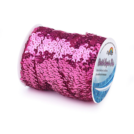 Olycraft Plastic Paillette Elastic Beads, Sequins Beads, Ornament Accessories, 3 Rows Paillette Roll, Flat Round, Fuchsia, 25x1.5mm; 10m/roll