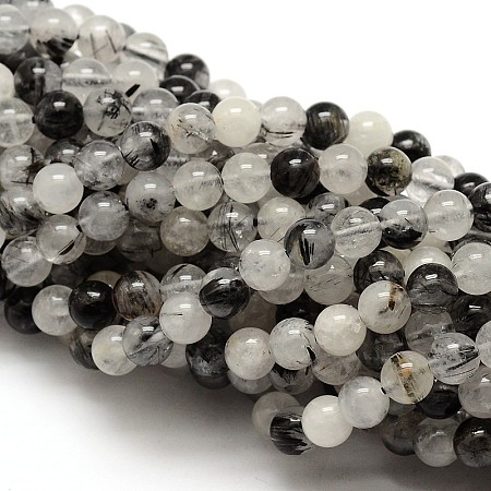 Arricraft Natural Gemstone Black Rutilated Quartz Round Beads Strands, 8mm, Hole: 1mm, about 48pcs/strand, 15.5 inches