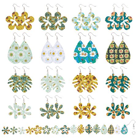 SUNNYCLUE DIY PU Leather Dangle Earring Making Kits, include Big Pendants, Iron Close but Unsoldered Jump Rings, Brass Earring Hooks, Mixed Color, Pendants: 32pcs/set