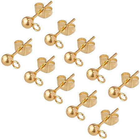 Unicraftale 304 Stainless Steel Stud Earring Findings, with Loop and Ear Nut/Earring Backs, Golden, 7x4mm, Hole: 2mm, Pin: 0.7mm, 100pcs/box