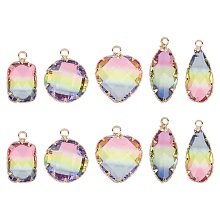 SUNNYCLUE K9 Glass Imitation Tourmaline Pendants, with Golden Tone Brass Findings, Faceted, Mixed Shapes, Colorful, 18~24x9.5~17x6~8mm, Hole: 1.5~2mm, 10pcs/box