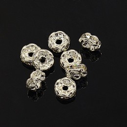 Honeyhandy Brass Rhinestone Spacer Beads, Grade A, Crystal, Wavy Edge, Rondelle, Silver Color Plated, 5x2.5mm, Hole: 1mm