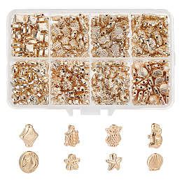 PandaHall Elite 300Pcs 8 Style Plating ABS Plastic Beads, Turtle & Flower & Starfish, Light Gold, 8.5~10.5x8~12.5x3.5~4mm, hole: 1.4~1.8mm, 30~40pcs/style