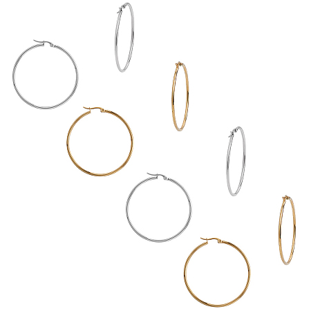 UNICRAFTALE 201 Stainless Steel Hoop Earrings, Ring, Golden & Stainless Steel Color, 49.5x2mm, Pin: 1mm; 2colors, 6pairs/color, 12pairs/box