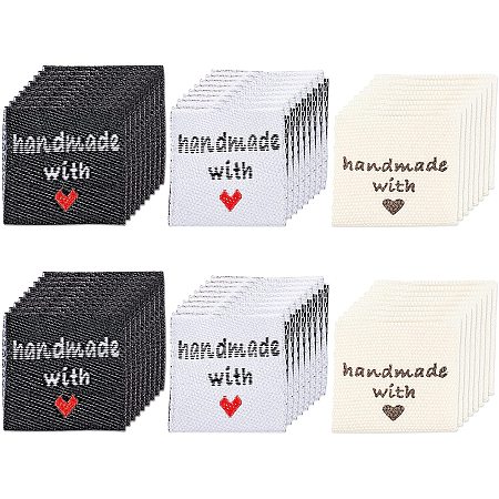 FINGERINSPIRE Woven Sewing Labels, Cloth Labels, for Sewing, Knitting, Crafts, Word Handmade with Love, Mixed Color, 20x20x0.7mm; 3 colors, 60pcs/color, 180pcs/box