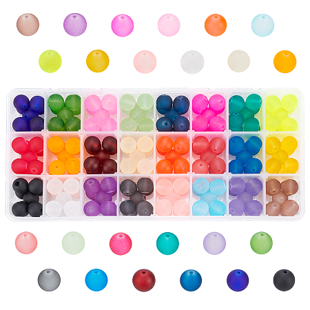 PANDAHALL ELITE Transparent Glass Beads, for Beading Jewelry Making, Frosted, Round, Mixed Color, 12mm, Hole: 1.3~1.6mm; 24 colors, about 9~10pcs/color, 216~240pcs/box