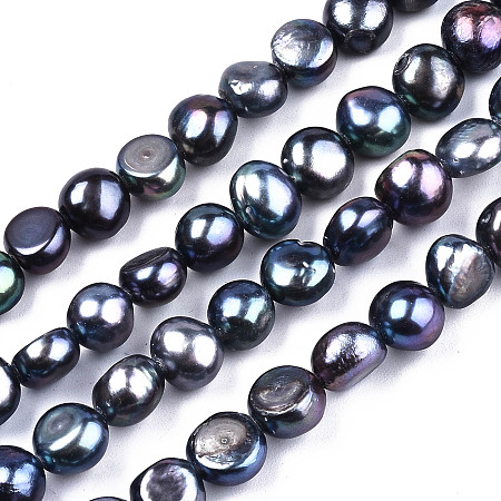 Honeyhandy Natural Cultured Freshwater Pearl Beads Strands, Two Sides Polished, Prussian Blue, 6~8x4~6mm, Hole: 0.8mm, about 52~60pcs/strand, 16.1 inch