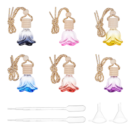 Car Hanging Air Freshener Flower Shape Glass Bottles, with Plastic Stopper, Funnel Hopper and Transfer Pipettes, Mixed Color, 24.7cm, Bottle: 4.95x4.05x2.75cm