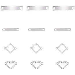 Arricraft 304 Stainless Steel Links Sets, Mixed Shapes, Stainless Steel Color, 22x11.5x1mm, Hole: 1mm; 14x22.5x1mm, Hole: 2mm; 38.5x7x1mm, Hole: 4x4mm; 30x4.5x1mm, Hole: 3x3.5mm; 24pcs/box