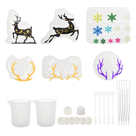 Olycraft DIY Christmas Deer Epoxy Resin Jewelry Making, with Silicone Molds, Silicone Measuring Cup, Finger Cots, Plastic Stirring Rod, White, 52x60x8mm