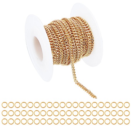 ARRICRAFT Brass Curb Chains, Twisted Chains, Soldered, Long-Lasting Plated, Real 18K Gold Plated, with Spool, Brass Close but Unsoldered Jump Rings, Golden, Curb Chains: 5m/roll, 1roll/set; Jump Rings: about 60pcs/set