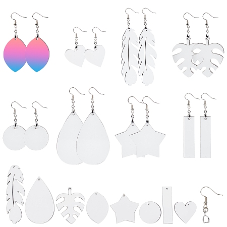 SUNNYCLUE Wood Dangle Earrings, with Brass Earring Hooks and Ice Pick Pinch Bails, Mixed Shapes, Platinum, 8 shape, 1set/shape, 8sets/box