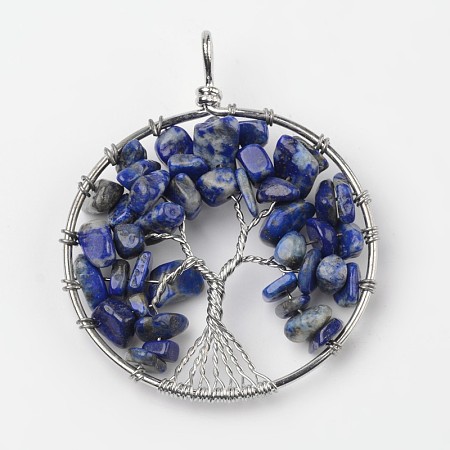 Natural Sodalite Big Pendants, with Brass Findings, Ring with Tree of Life, Platinum, 63x51x8mm, Hole: 4mm