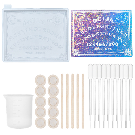 Gorgecraft DIY Silicone Molds Kits, with Rectangle Ouija Board Silicone Molds, Silicone Measuring Cup, Plastic Transfer Pipettes, Disposable Latex Finger Cots, Birch Wooden Sticks, White, 27pcs/set