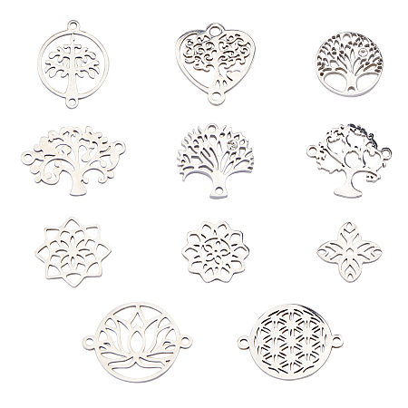 SUNNYCLUE Stainless Steel Links Connectors & Filigree Joiners Links, Flower & Tree of Life, Stainless Steel Color, 11pcs/box