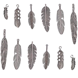 SUNNYCLUE Tibetan Style Alloy Pendants, Feather, Antique Silver, 17~59x7~26x1.5~5mm; Hole: 1.5~2.5mm; 56pcs/box.